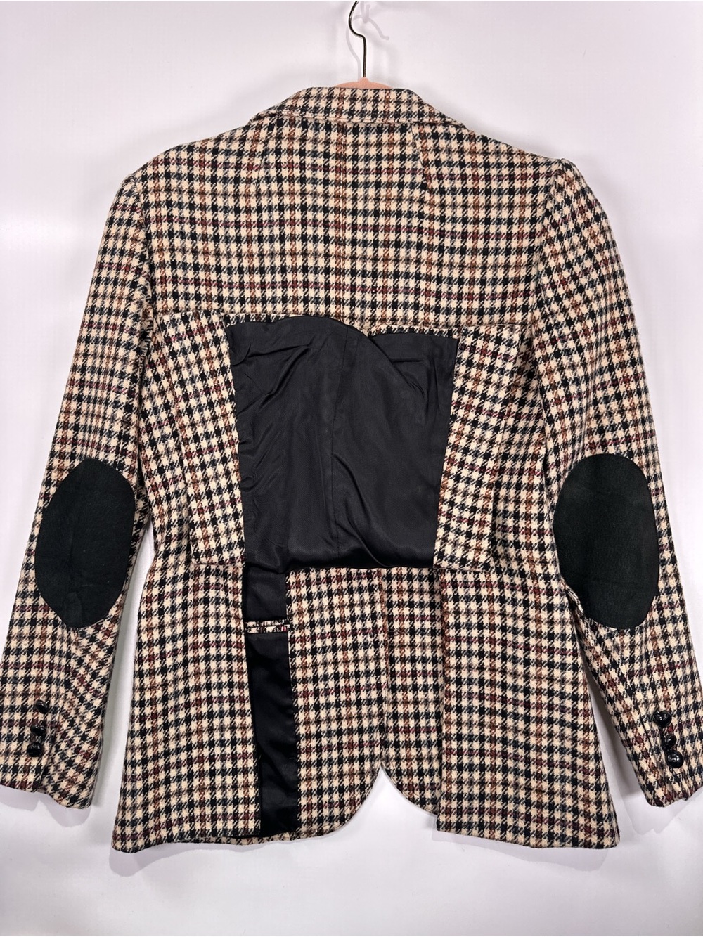 Paula Saker Vintage Blazer Suede Patches Houndstooth Tan Size 10 - Picture 6 of 13